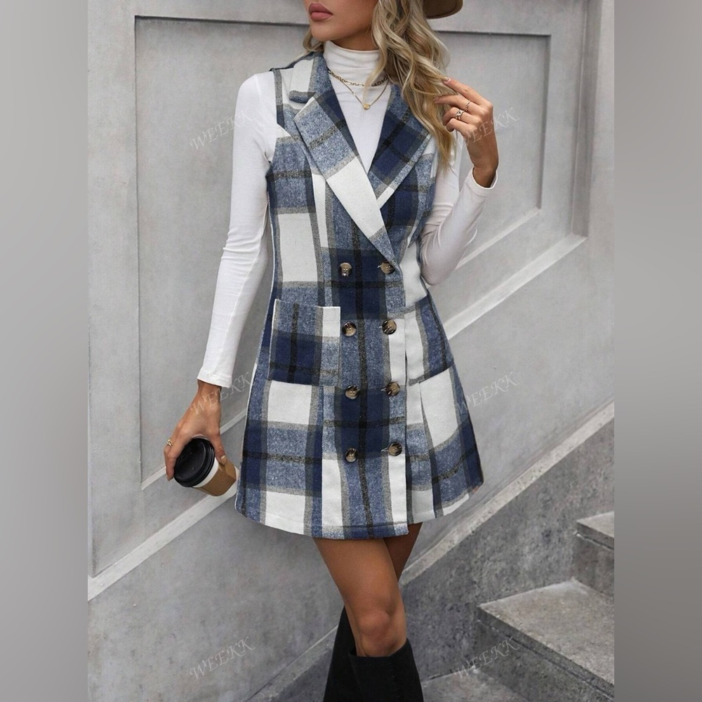 Plaid Double-Breasted Sleeveless Blazer Dress - Picture 4 of 14